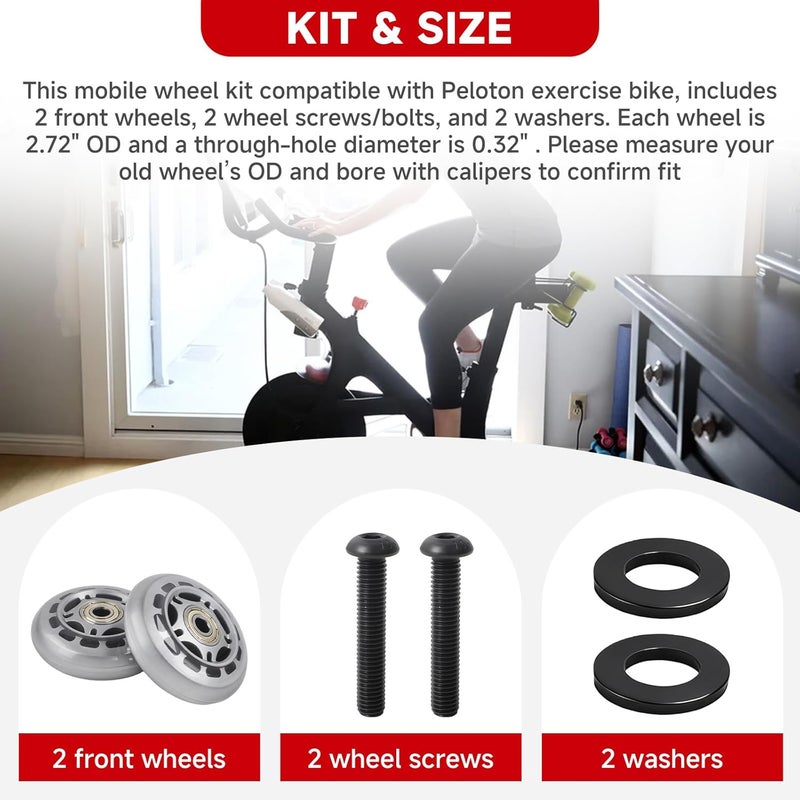 MUGLFPT Compatible with Peloton Exercise Bike Front Mobile Wheels Replacement Kit, 2-Pack Transport Wheels with Bolts & Washers, Compatible with Peloton Bike, 2.72" Wheel OD, Easy Indoor Relocation - Image 4
